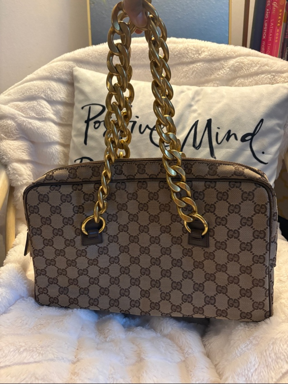 Vintage Gucci Beige GG Canvas Top-Handle Bag with Added Unbranded Gold Chains
